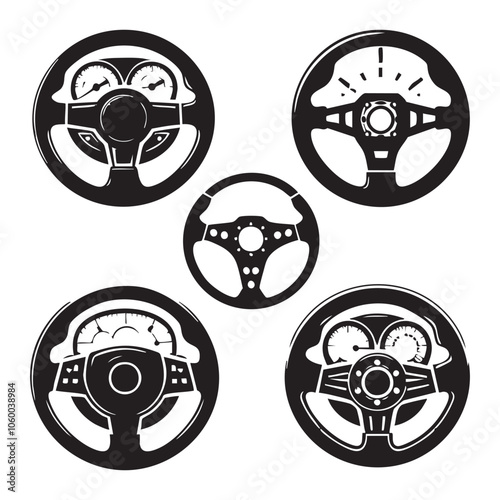 Set of car steering wheel silhouette on white background
