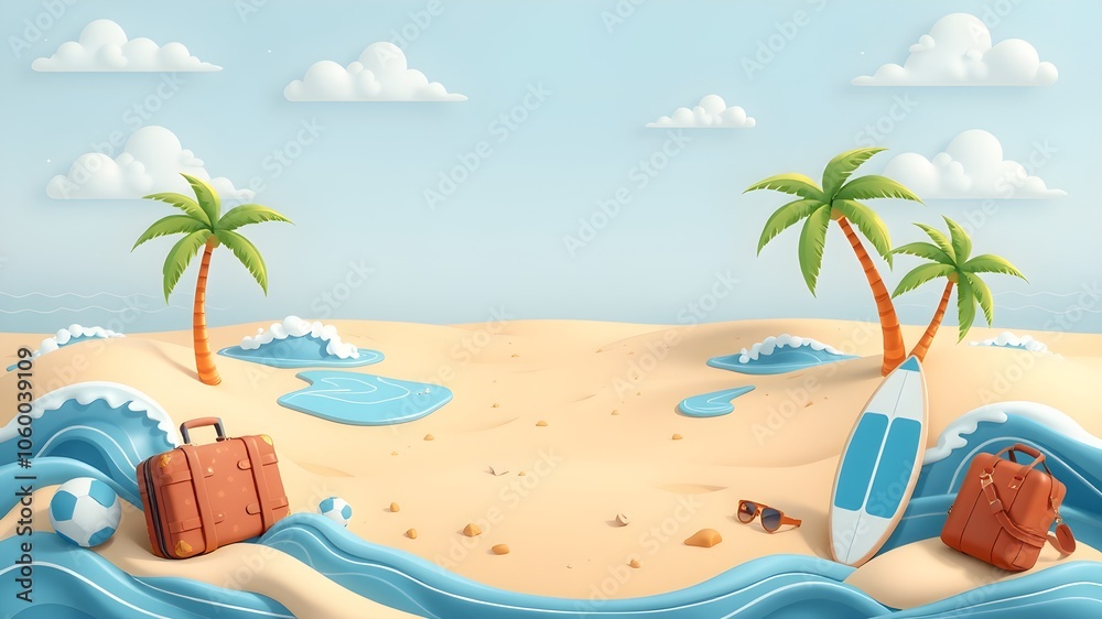 Obraz premium 3D Cartoon Beach Travel Background with Text Space