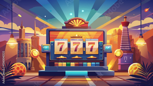 Abstract casino slot machine background. Colourful online casino banner 777 big winning symbol of gold jackpot, casino bar celebration light graphic. Entertainment leisure concept 3d digital