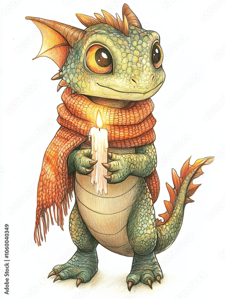 Fototapeta premium charming little dragon with knitted scarf holding candle