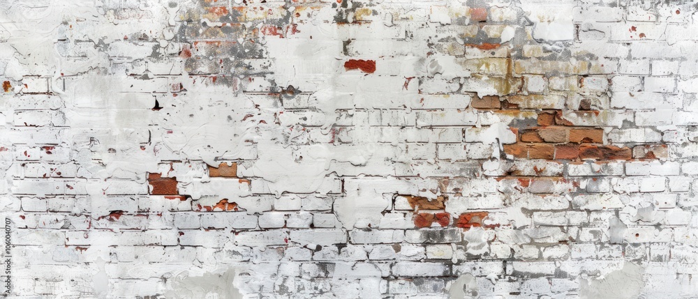 Obraz premium A weathered brick wall with peeling paint and exposed bricks.