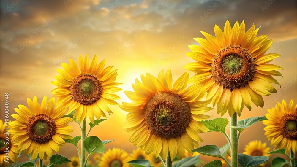 Fototapeta premium Large sunflowers in various stages of bloom against a subtle gradient background, abstract background, plant life
