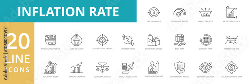 Inflation rate icon set. Contain price changes, consumer prices, market basket, monetary policy, purchasing power, cost of living, quantitative easing, interest rates, consumer goods, percentage rise