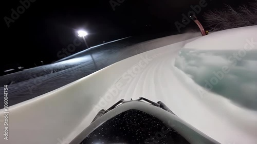 POV shot of a bobsled racing down an icy, winding track at high speed
