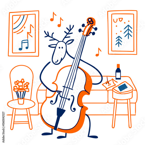 Reindeer Playing Cello: A charming and whimsical illustration of a reindeer playing a cello in a cozy living room, surrounded by music notes and cozy winter decor.