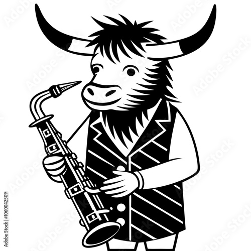 Groovy Highland Cow Saxophonist: A stylish Highland cow plays the saxophone, showcasing a unique blend of musical talent and bovine charm.