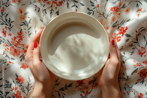 Minimalist Style Close-Up of a Woman's Hand with Red Nails Holding an Empty Porcelain Dish on a White Background in Soft Lighting photo