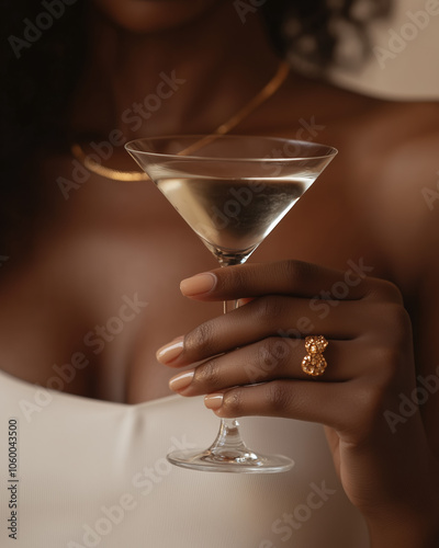 Artistic Close-Up of a Woman's Hand Holding a Martini with Thin Gold Accessories in Natural Light Against a Subtle Grey Background Showcasing Skin Texture photo