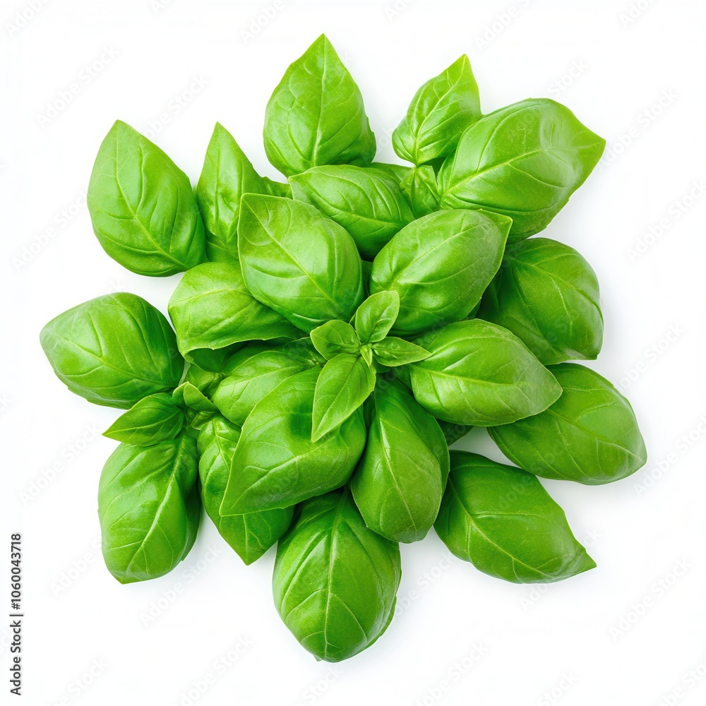 Fototapeta premium Fresh basil leaves arranged on a white background, showcasing their vibrant green color.