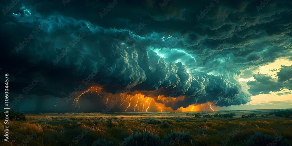 Fototapeta premium A breathtaking view of a stormy landscape with dark, swirling clouds and bright lightning illuminating the sky. The golden hues of sunset contrast beautifully with the ominous weather.
