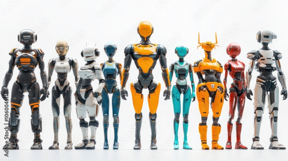 Obraz premium Group of modern AI robots with humanoid features isolated against a white background