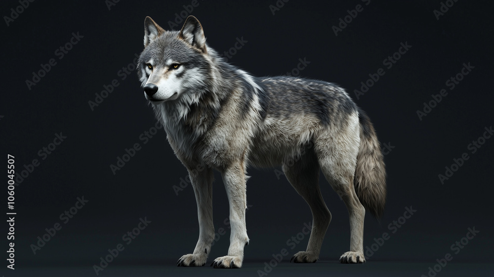 Obraz premium Realistic Gray Wolf Standing Against Dark Background.