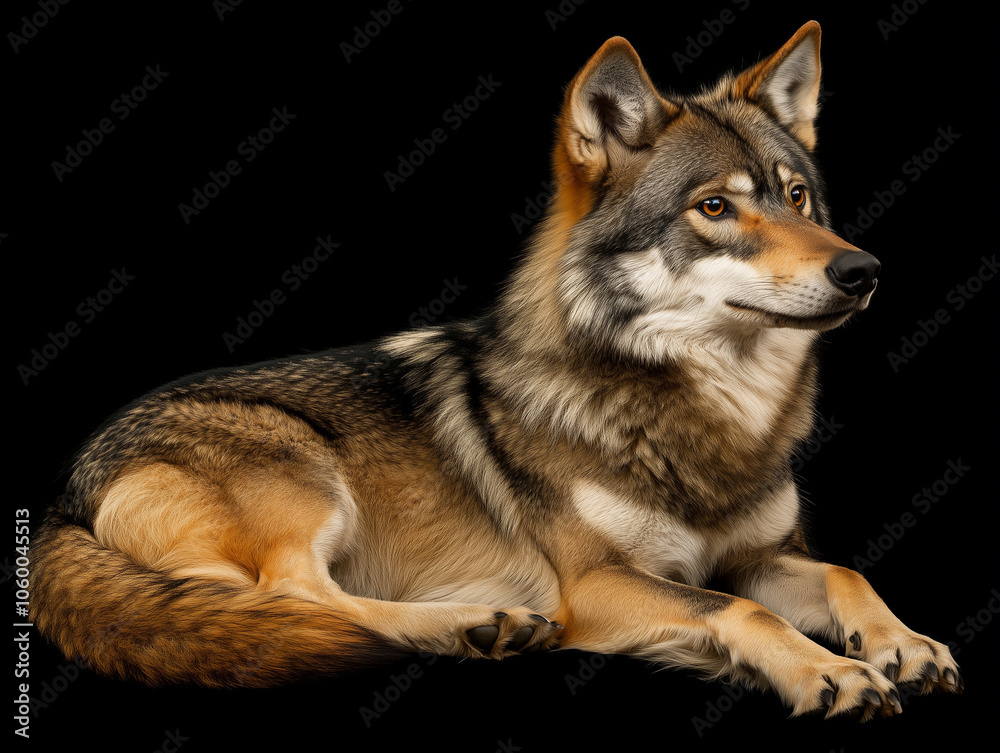 Obraz premium Gray Wolf Lying Down Against Black Background.