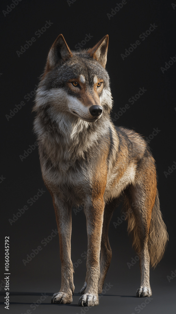 Obraz premium Grey wolf standing alert on dark background in studio lighting.