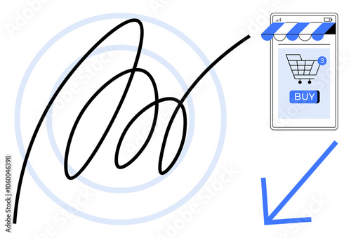 Hand-drawn lines, a smartphone with a shopping cart and buy button, blue arrow pointing to the cart icon. Ideal for online shopping, e-commerce, mobile apps, digital transactions, customer