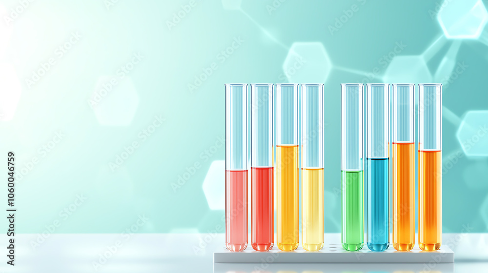 Close-up shot of multiple test tubes filled with vibrant liquids in a scientific lab, sharp focus on the tubes with soft bokeh lighting in the background, conveying precision Close-up shot of multiple test tubes filled with vibrant liquids in a scientific lab, sharp focus on the tubes with soft bokeh lighting in the background, conveying precision