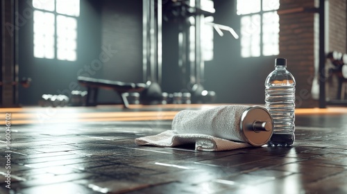 Gym Essentials: Water Bottle and Towel on a Brick Floor