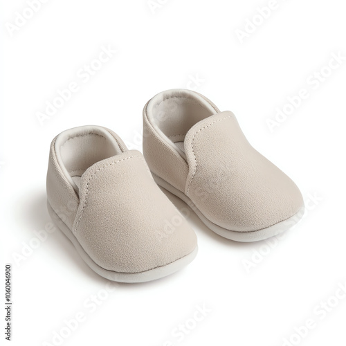 A pair of baby booties in light pastel color on solid white background, single object