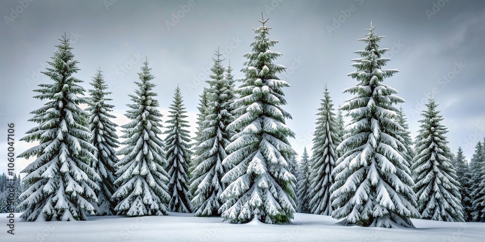 Obraz premium Snow-covered evergreen trees standing tall against a grey sky, snow covered evergreens, cold weather, frozen forest, snowfall, frosty weather