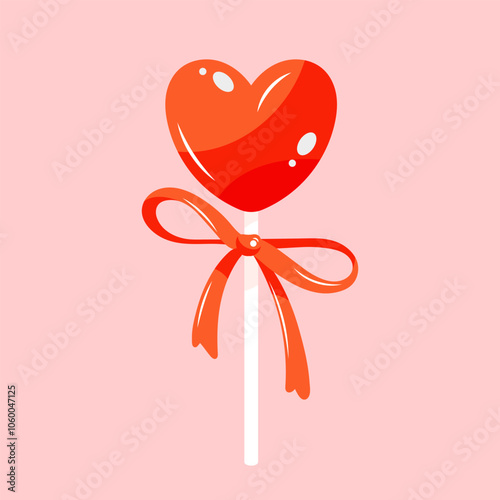Heart shaped lollipop on stick tied with bow. Valentine's Day illustration. Cute girly print. Coquette core