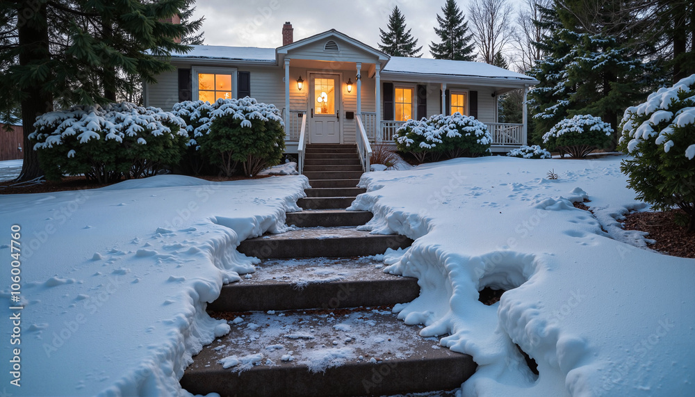 custom made wallpaper toronto digitalCozy winter house with snowy steps and glowing windows