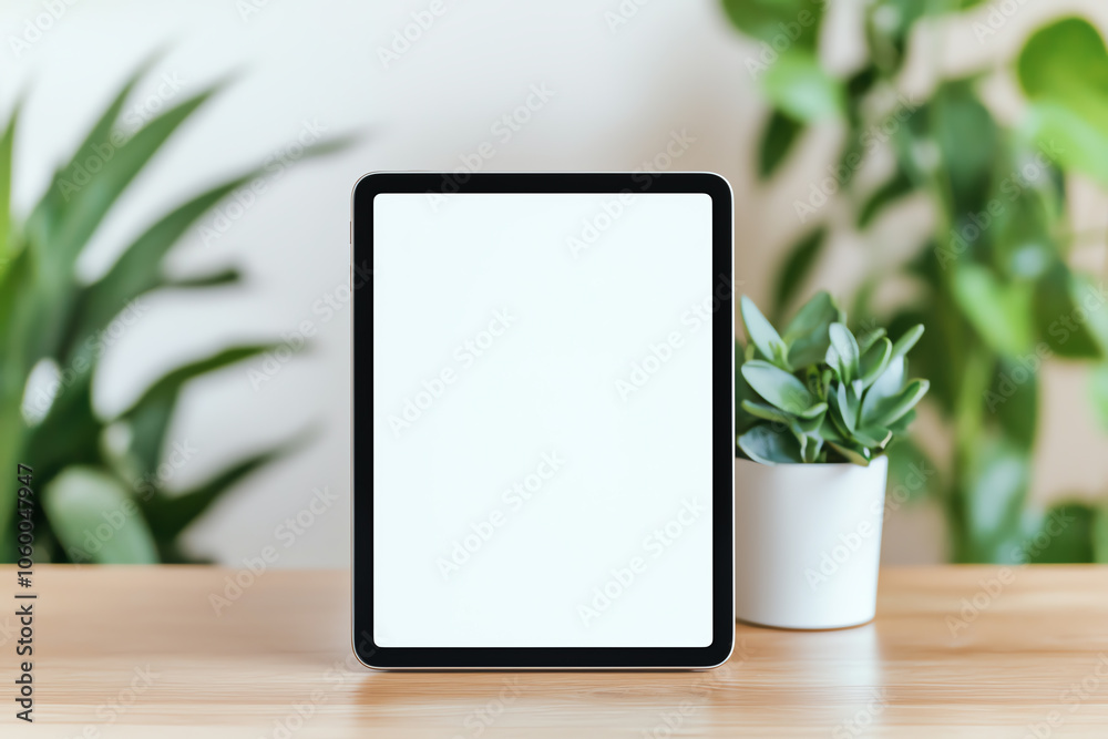 Blank tablet screen in a stylish home office setup Blank tablet screen in a stylish home office setup