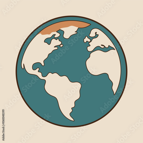 World Map Globe Icon with Continents in Earth Tone Colors and Circular Frame