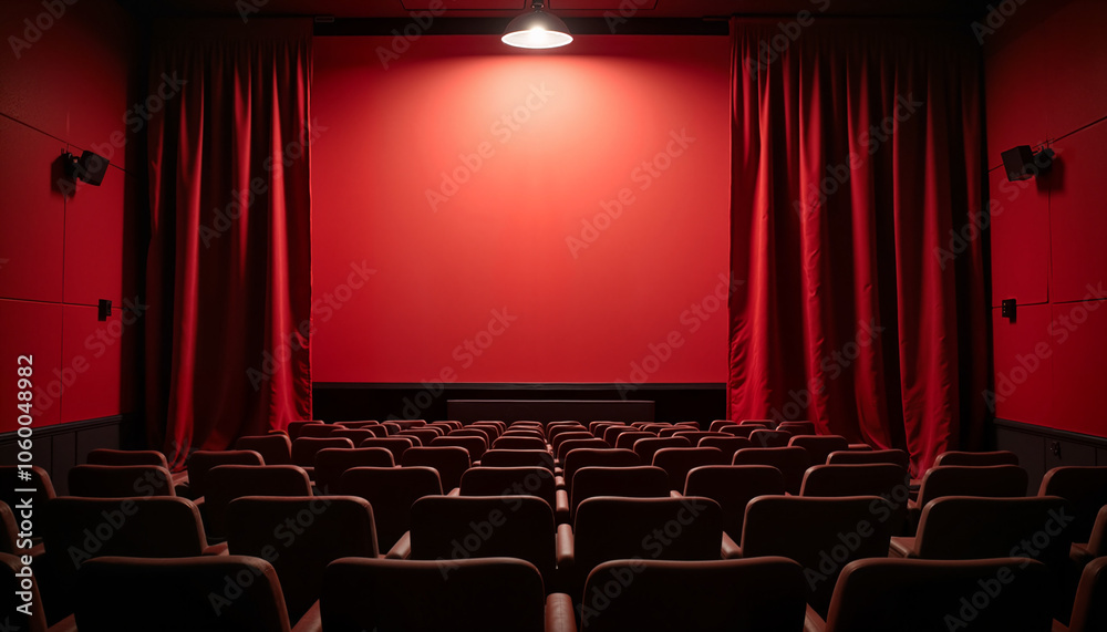 Fototapeta premium Empty red theater with curtains and seats, free screen in cinema hall