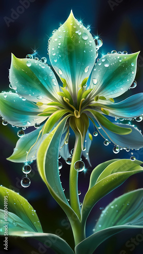 close-up illustration of a fantastical flower, with translucent petals in shades of blue and green, adorned with glistening dewdrops that capture and reflect light. 