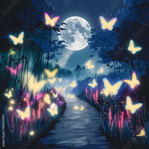 A Flirty illustration style image of a moonlit path surrounded by a mystical atmosphere. 