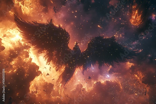 A majestic phoenix rises from cosmic flames, symbolizing rebirth and transformation.