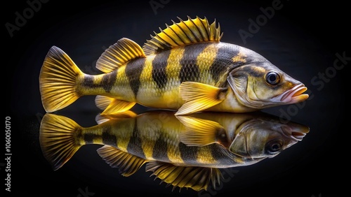 Close up of the black and yellow fish Leporinus affinis reflected in water photo