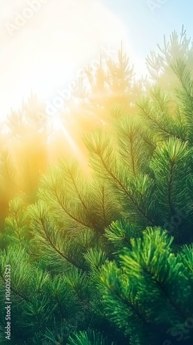 Sunbeams shining through pine tree branches.