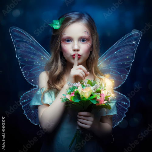 Fantasy pixie butterfly little fairy with glow wings holds bouquet flower. dark blue backdrop fabolous night Firefly star glitter light photo