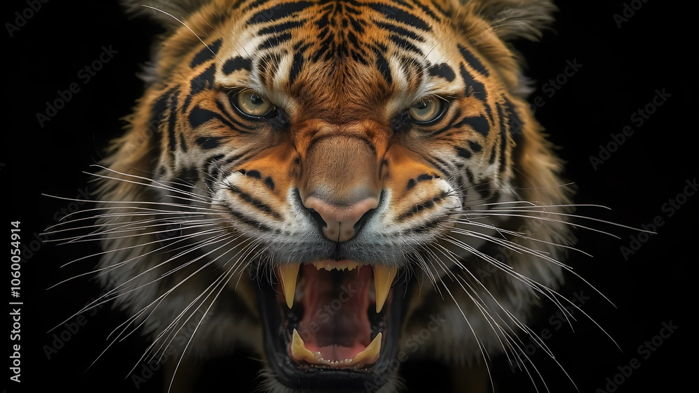 Obraz premium Close-up of a tiger on a black background in the studio