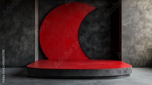 Modern stage design featuring a bold red circle on a sleek platform against a textured wall. photo