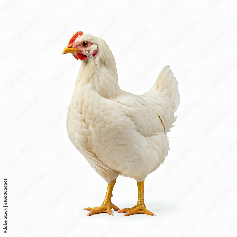 Fototapeta premium white chicken standing isolated on white background studio shoot looking left