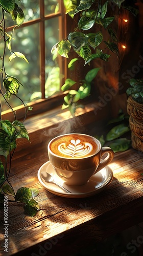 cup of coffee with intricate latte art and steam rising Coffee cup on wooden table by window photo