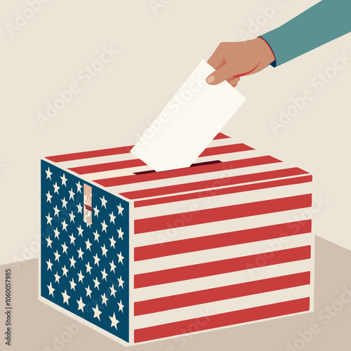 Close-Up of a Hand Casting a Ballot in an American Flag-Themed Ballot Box