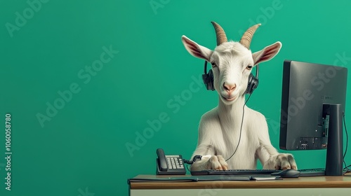 Goat Working at a Desk with Headphones and Computer