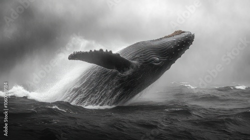 A majestic whale breaching the ocean surface against a stormy backdrop.