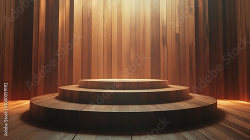 Elegant wooden stage platform with ambient lighting, perfect for performances or presentations.