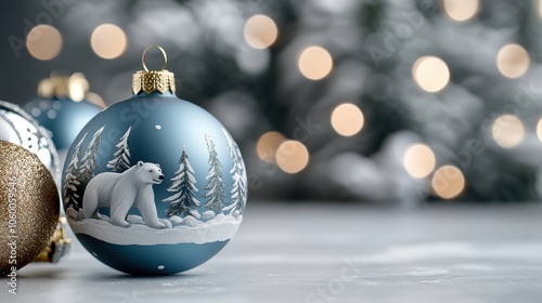 Elegant winter decor a beautiful blue christmas ornament featuring a polar bear and snowy pine trees against a soft bokeh background