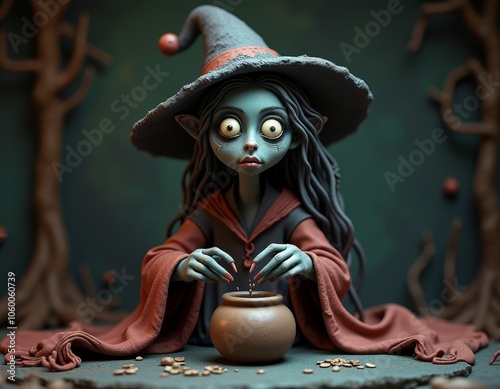 Witch making a potion. Clay...