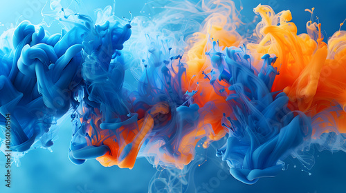 Spectacular image of blue and orange liquid ink churning together, with a realistic texture and great quality. Digital art 3D illustration