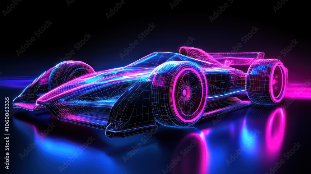 Naklejka premium Futuristic race car in a vibrant, neon wireframe design.