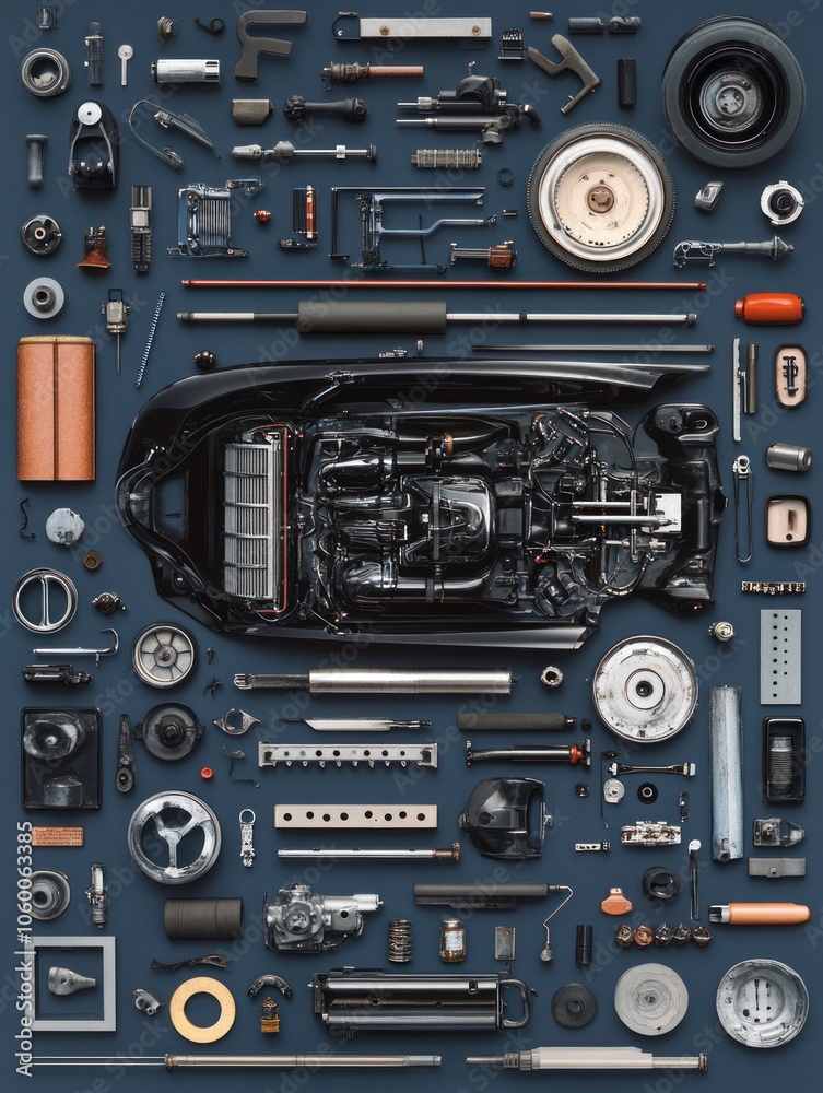 Fototapeta premium Detailed Knolling Layout of Black Car Parts and Engine Components on a Dark Background