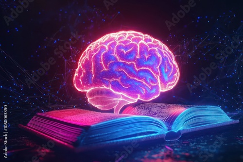 Illustrative 3D abstract of a neon-lit brain with a book, visualizing mental growth through reading. photo