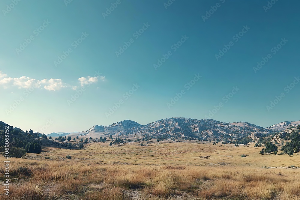 Obraz premium A serene landscape featuring rolling hills and a clear blue sky.