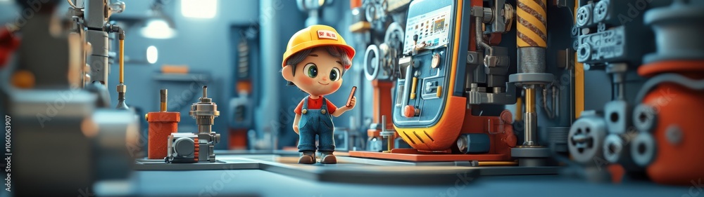 Fototapeta premium A cute cartoon worker in a yellow hard hat standing in front of a large, complex industrial machine with colorful pipes and gears.